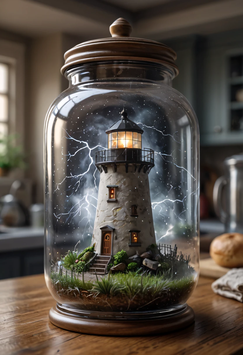 breathtaking an epic scene, an optical illusion of a lighthouse in a storm, lightning storm, inside of a glass jar. glass jar sitting on a kitchen counter, no windows, volumetric lighting, volumetric, ray tracing, sense of awe, swirling mist, sense of awe, mystical, style of Jay Anacleto, bokeh, . award-winning, professional, highly detailed,