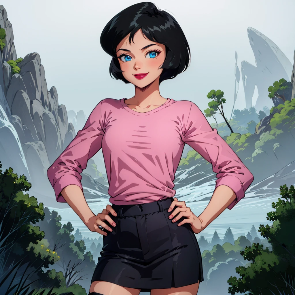 1girl,solo, dominique   , short hair, black hair, blue eyes, lipstick, smile, retro artstyle, <lora:Dominique_TotallySpies_Leaf1:0.8>, cowboy shot,  looking at viewer, forest, pink shirt, black legwear, hands on own hips,