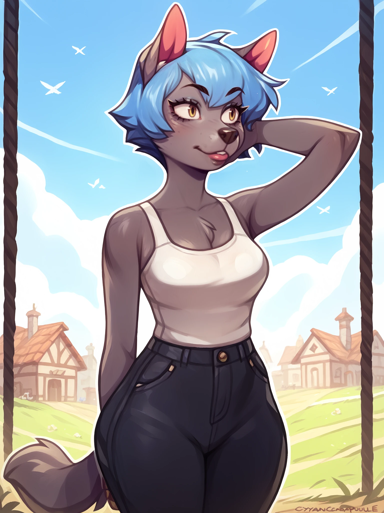 score_9, score_8_up, score_7_up, score_6_up, score_5_up, score_4_up,
BREAK
wolf girl, furry, snout, black fur, blue hair, short hair, messy hair, tomboy, looking away, adjusting hair,
BREAK
solo, standing, large breats, white tank top, black pants,
BREAK
outdoors, cyancapsule, <lora:Lunas-CyanCapsule-SDXL-A1:1>