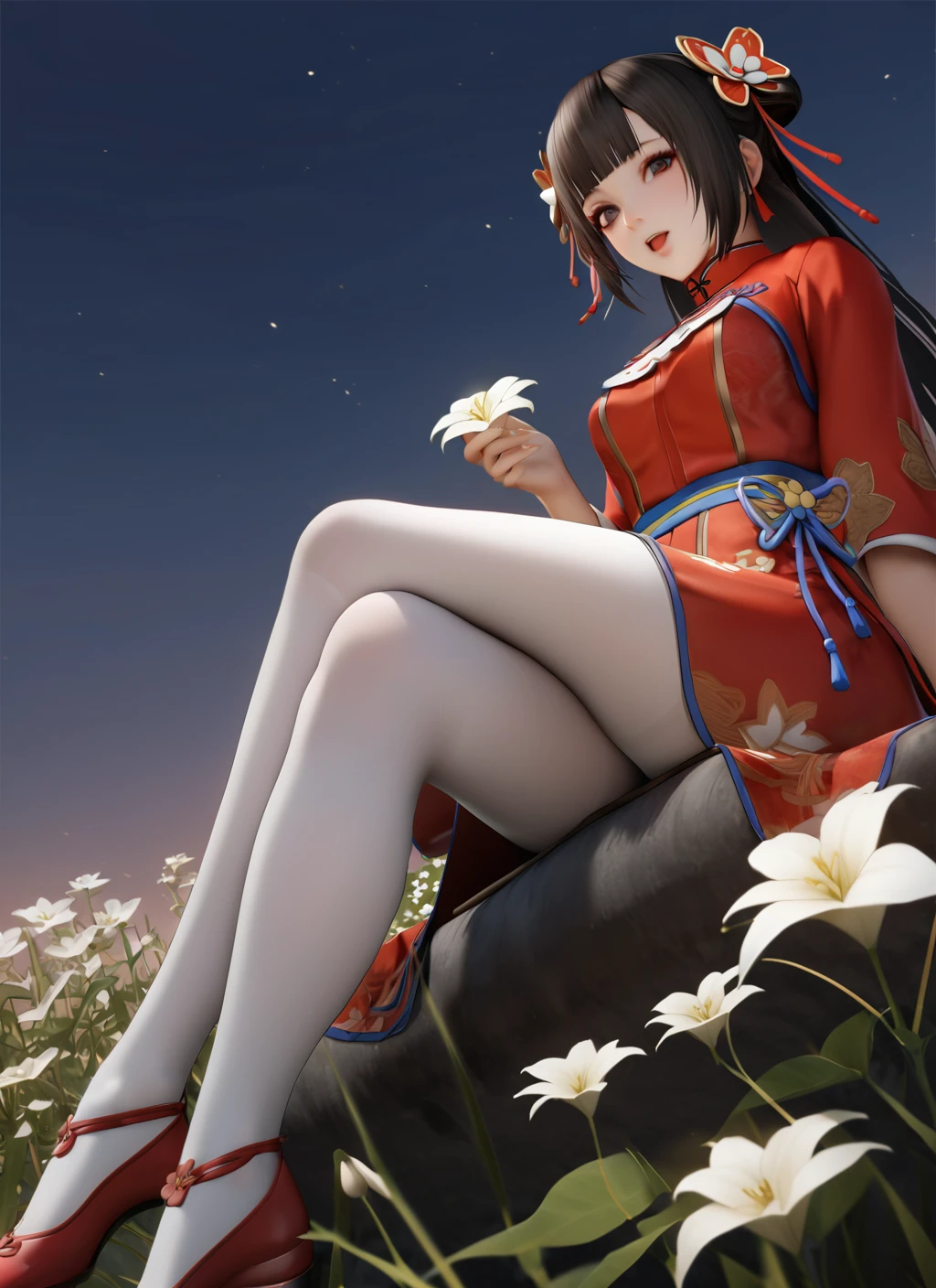 masterpiece, best quality, dynasty warriors_daqiao, chinese clothes, red dress, from side, from below, black eyes, long hair, blunt bangs, sitting, white flowers, jasmine \(flower\), night, flower land, grasslands, flowers on hand, looking at viewer, open mouth, glowing flower, gradient sky, white pantyhose, crossed legs, <lora:dynasty warrios_å¤§ä¹_xl:0.7> <lora:lily_style_xl:0.4> <lora:rei_style_xl:0.4>