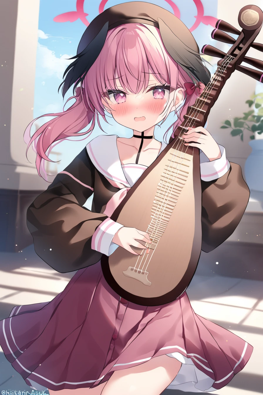 blue archive style,shikitani_asuka,ray tracing,1girl,solo,koharu \(blue archive\),blush,playing lute \(instrument\), pipa \(instrument\), <lora:pipaV3:1>