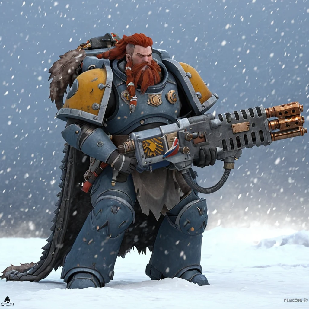 a spcwlf man in power armor, red hair, beard, braids, firing (a hvyflamer weapon, fuel pipes) in his hands, fur cloak,   snow, ice, blizzard, battlefield, glory, charge,  High quality 3D rendering, fantasy, Pixar 3D character design style, ZBrush high-polygon modeling,