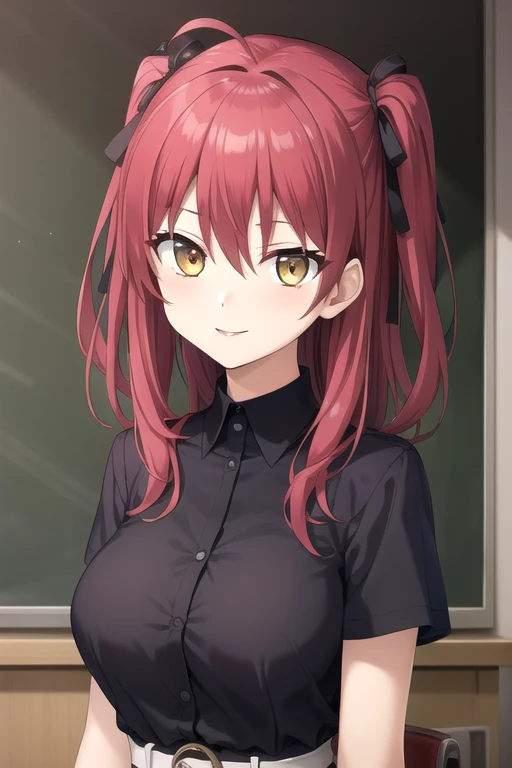 ((masterpiece)),(best quality),official art,extremely detailed CG,unity 8k wallpaper,ultra detailed,beautiful detailed eyes,extremely detailed face,classroom,1girl,solo,upper body,(portrait:1.5),looking at viewer,facing viewer,smile,Tenjiku Amane,ahoge,long hair,red hair,two side up,hair ribbon,black ribbon,bangs,hair between eyes,yellow eyes,black shirt,collared shirt,large breasts,short sleeves,black belt,white skirt,pleated skirt,thigh strap,bare legs,strappy heels,toeless footwear,<lora:Tenjiku Amane(sin):0.6>,