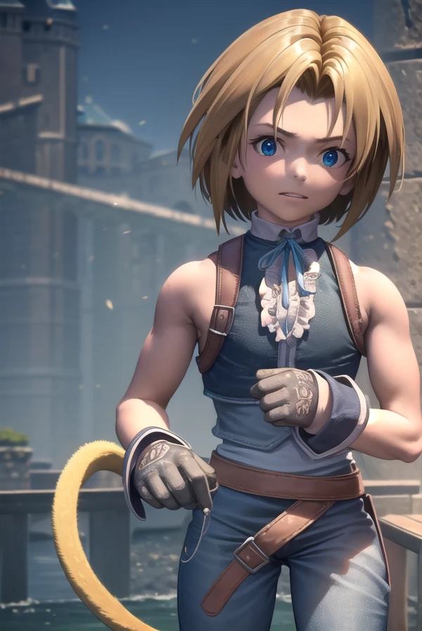 zidanetribal, <lora:zidane tribal-lora-nochekaiser:1>,
zidane tribal, short hair, blue eyes, blonde hair, brown hair, male focus, (parted bangs:1.5),
BREAK shirt, gloves, bare shoulders, tail, white shirt, boots, sleeveless, belt, pants, vest, sleeveless shirt, blue pants, grey gloves, monkey tail,
BREAK outdoors, castle,
BREAK looking at viewer, (cowboy shot:1.5), dynamic pose,
BREAK <lyco:GoodHands-beta2:1>, (masterpiece:1.2), best quality, high resolution, unity 8k wallpaper, (illustration:0.8), (beautiful detailed eyes:1.6), extremely detailed face, perfect lighting, extremely detailed CG, (perfect hands, perfect anatomy),