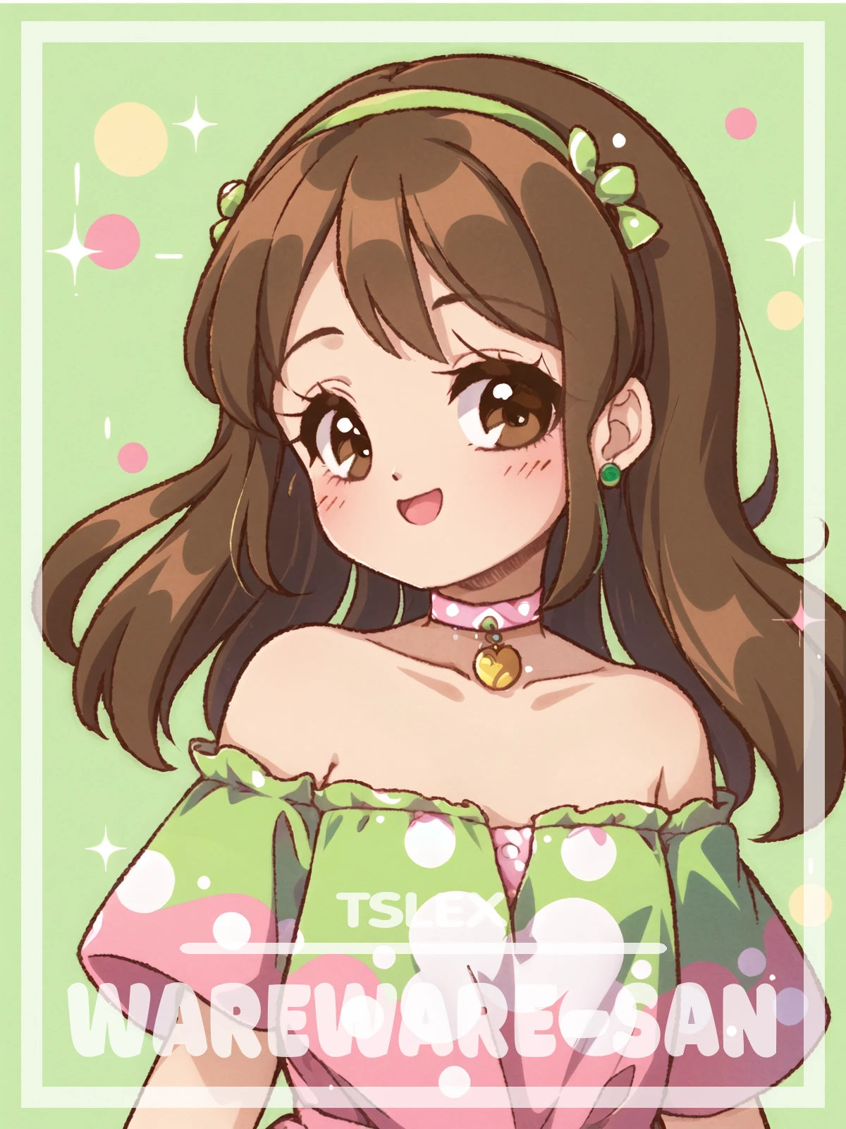 1girl, brown hair, brown eyes, (polka-dot:1.2), green hair band, collarbone, happy, blush, small polka-dot simple abstract background, green chocker, green dress, pink background polka-dot