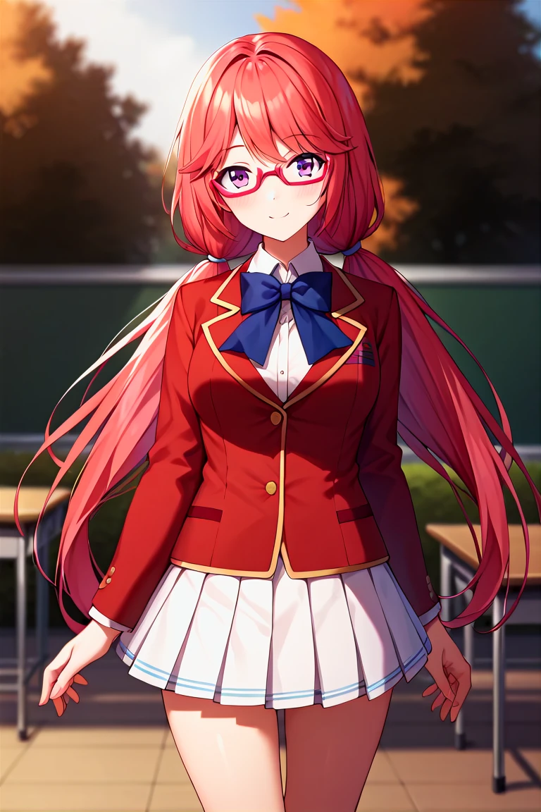 score_9, score_8_up, score_7_up, score_6_up, score_5_up, score_4_up, rating_questionable, , source_anime, digital illustration, pixiv, fanbox, uncensored, , BREAK, official art,
1girl, , female, airi sakura, red hair, long hair, purple eyes, low twintails, glasses,
school uniform, red jacket, blue bow, white skirt, classroom,, light smile, blush, outdoors, looking at viewer, cowboy shot, colorful, vivid <lora:Airi_Sakura_Pony-000009:0.8>