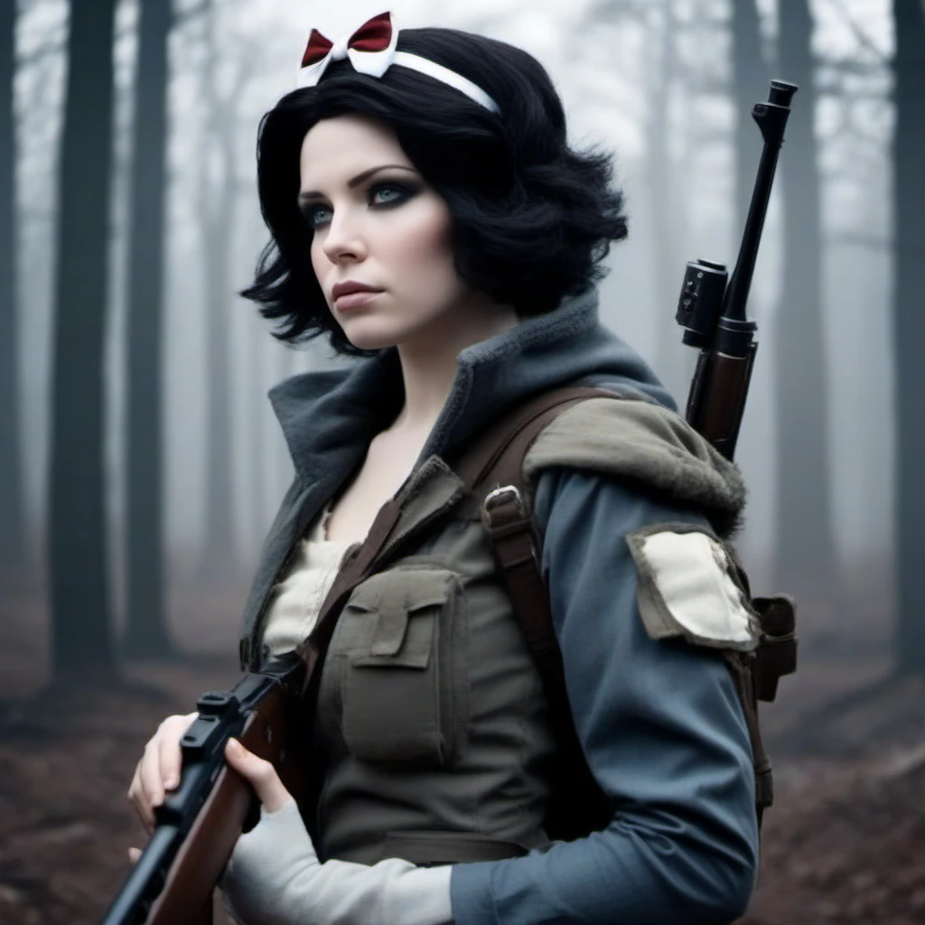Dystopian style SnowWhite1024, a woman with a rifle, post-apocalyptic forest<lora:SnowWhite1024:0.8> . Bleak, post-apocalyptic, somber, dramatic, highly detailed