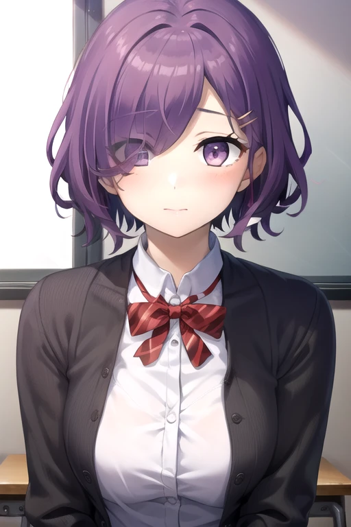 ((masterpiece)),(best quality),official art,extremely detailed CG,unity 8k wallpaper,ultra detailed,beautiful detailed eyes,extremely detailed face,classroom,1girl,solo,upper body,(portrait:1.5),looking at viewer,facing viewer,Nemuribuka Maruri,ahoge,short hair,purple hair,hair ornament,hairclip,hair over one eye,bangs,purple eyes,black jacket,open jacket,collared shirt,white shirt,red bowtie,long sleeves,medium breasts,blue skirt,white pantyhose,loafers,<lora:Nemuribuka Maruri(sin):0.8>,