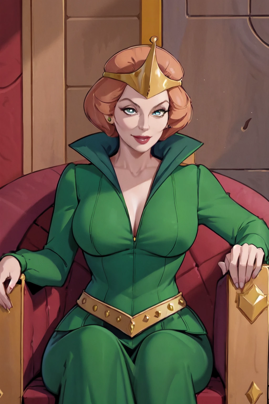 <lora:Queen_Marlena:0.8>, (queenmarlena), mature female, gold crown, short hair, removing her green gown, yellow belt, sitting on a huge fantasy throne, in a fantasy castle, smiling, (insanely detailed, detailed face, masterpiece, beautiful detailed eyes, best quality)