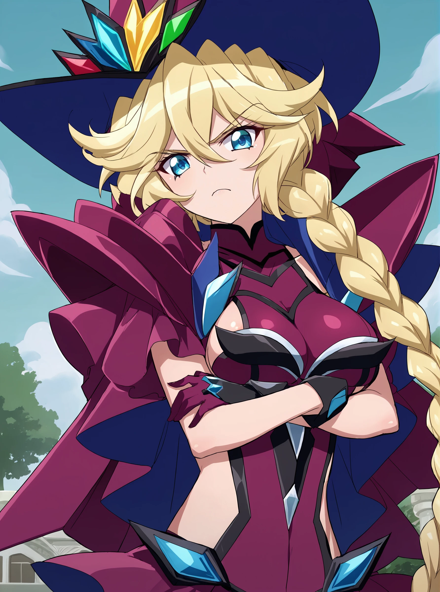 senki zesshou symphogear carol malus dienheim, fujikawa daichi, 1girl, blonde hair, , shiny ski, , score_9, score_8_up, score_7_up, score_6_up, score_5_up, score_4_up, BREAK source_anime, masterpiece , anime screencap, anime_lineart<lora:CarolGear-05:0.9>carolgear ,blonde hair, (braided ponytail:1),long hair,witch hat, blue eyes,, large breast, aged up, gloves, looking back, pantyhose, garter straps, upper body, crossed arms, serious,thick arms, looking at viewer,