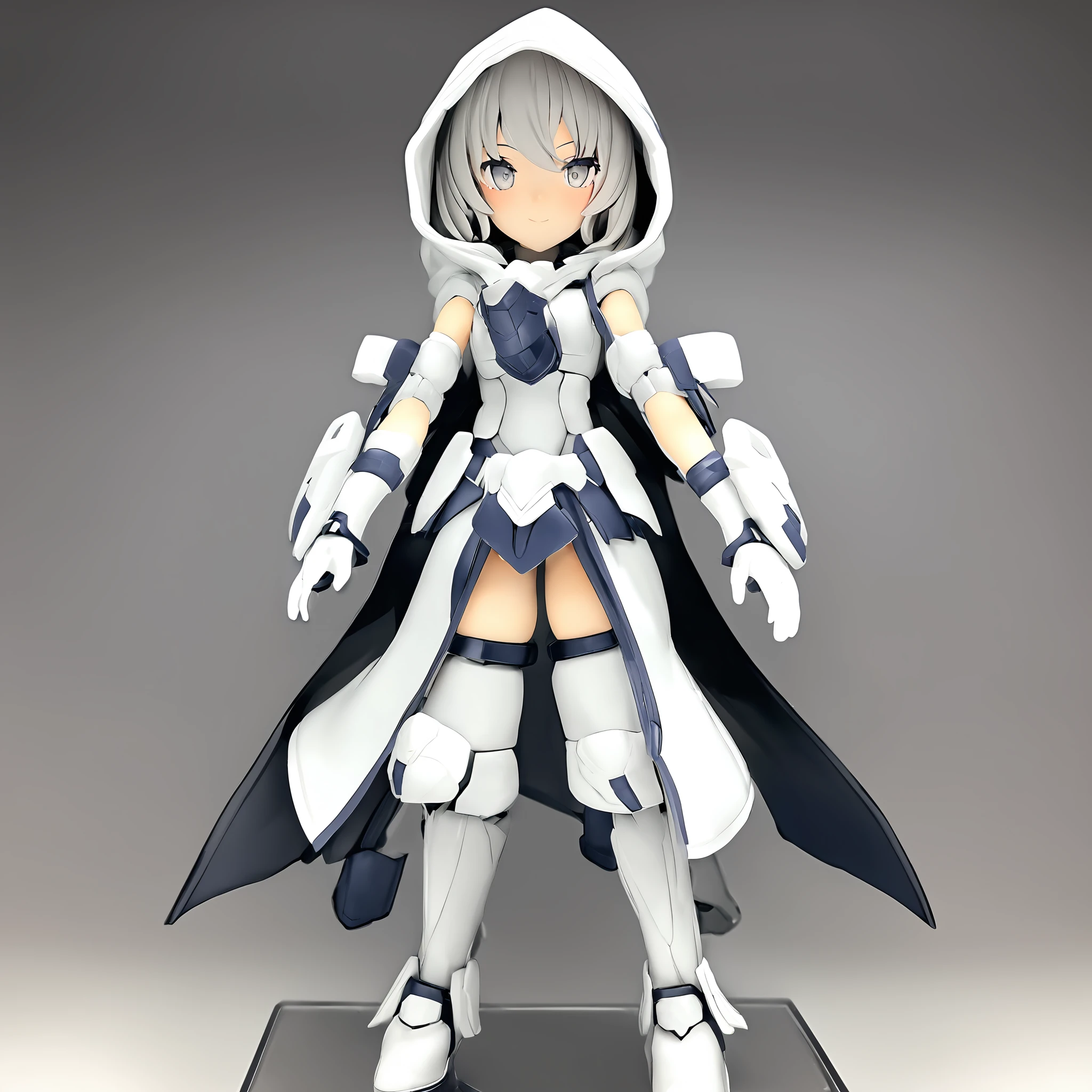 Create an image of a young girl. Her hair, eyes and skin should be light grey. She is wearing a white thick baggy long armored hooded robe with white ribbon, scarf and long boots.
1girl, solo, (hood up:1.5), (light grey hair:1.5), (light grey eyes:1.5)
<lora:biplamechashoujo_xl_v1:1>,  biplamechashoujo