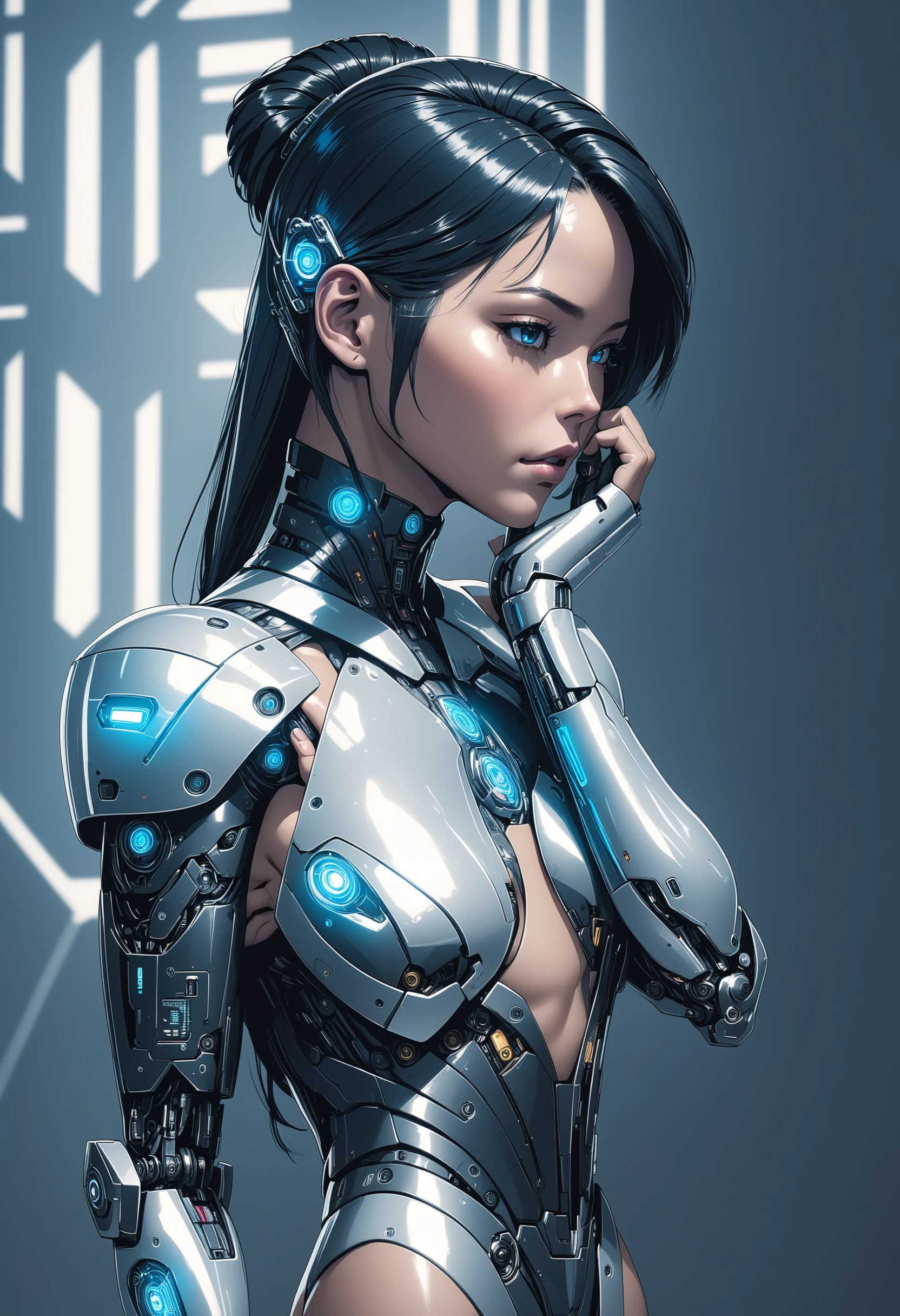 Cybercore Aesthetic,a woman with a futuristic face and body holding a finger to her ear, Metallic skin, Android woman, Ai-Mitsu, cybernetic, cyberpunk art, computer art, comic book art, cinematic angle, cinematic lighting, best quality, masterpiece , <lora:Cybercore:0.8>