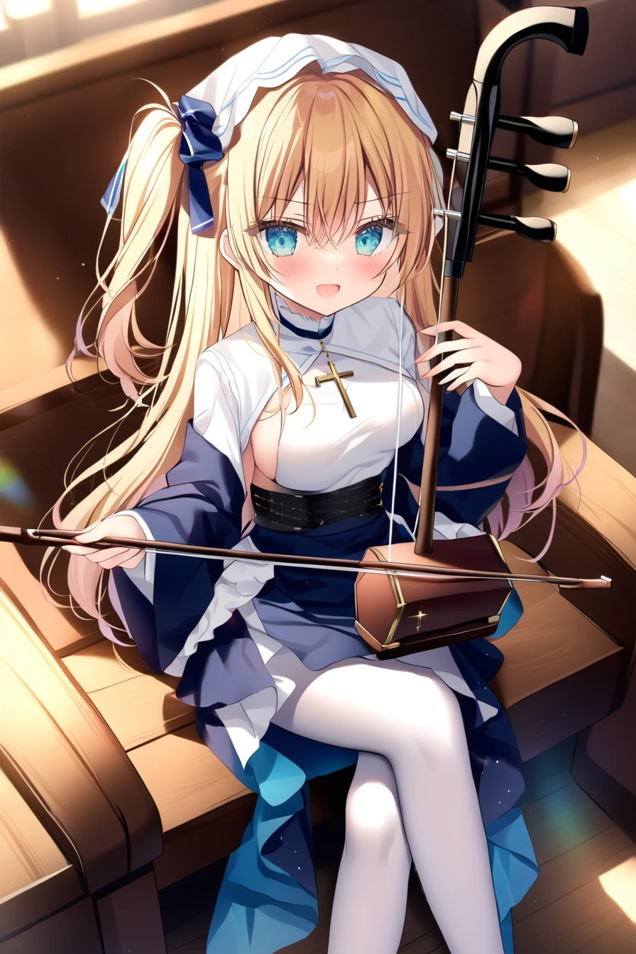 blue archive style,shikitani_asuka,ray tracing,1girl,blonde hair,blue eyes,one side up,long hair,hair ribbon,medium breasts,white veil,cross necklace,chaise longue,sideboob,sitting,crossed legs,erhu,barefoot, <lora:erhuV4:1>,