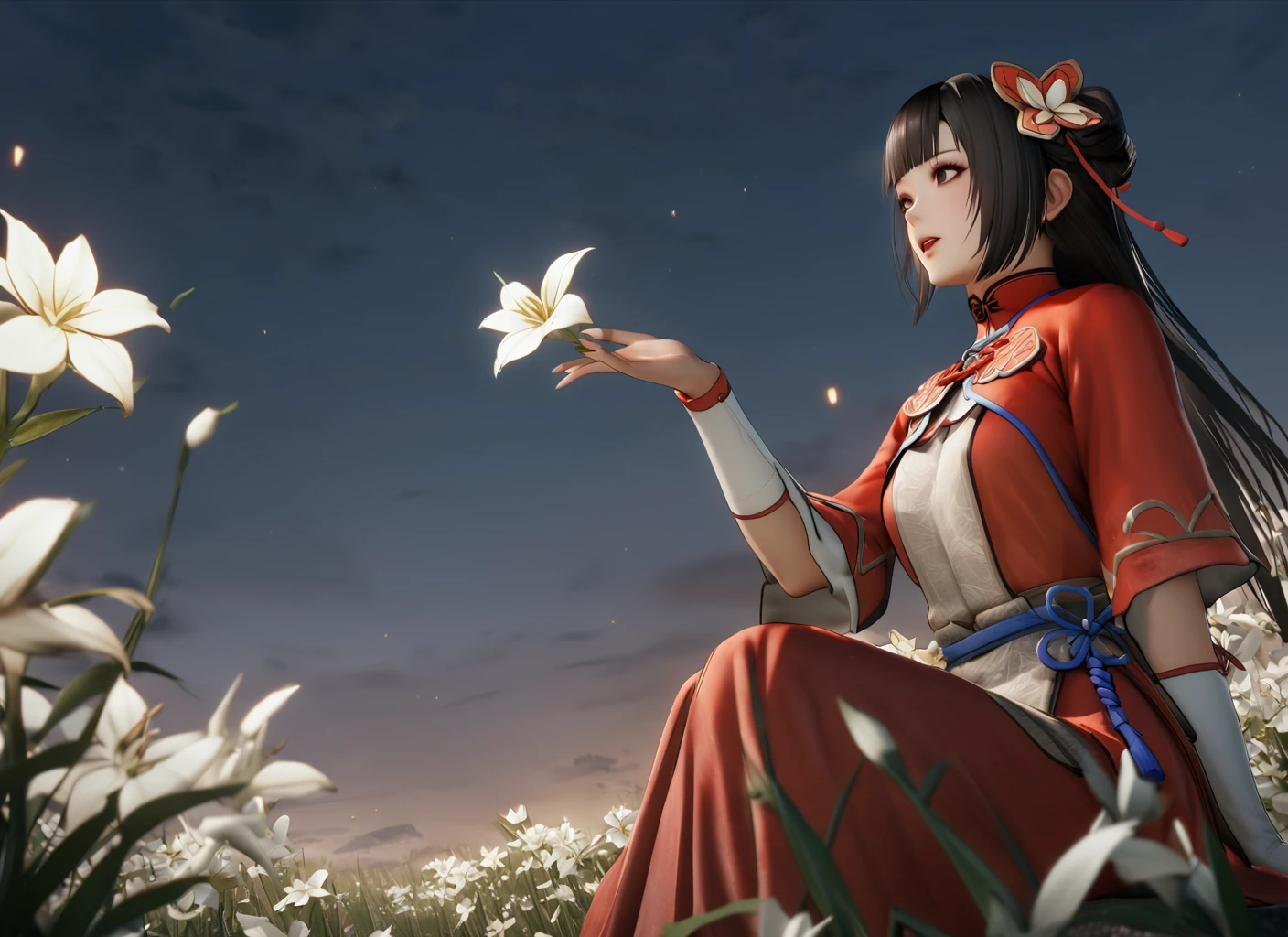 masterpiece, best quality, dynasty warriors_daqiao, chinese clothes, red dress, from side, from below, black eyes, long hair, blunt bangs, sitting, white flowers, jasmine \(flower\), night, flower land, grasslands, flowers on hand, looking afar, open mouth, glowing flower, gradient sky, <lora:dynasty warrios_å¤§ä¹_xl:0.7> <lora:lily_style_xl:0.4>