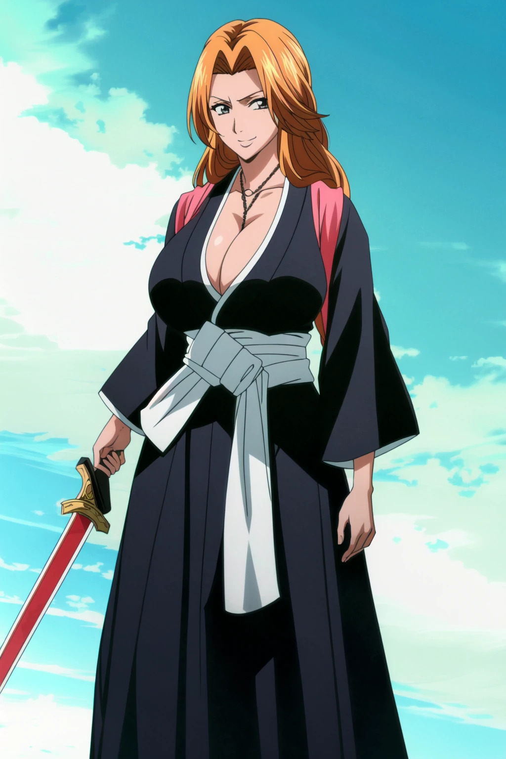 (ultra realistic,32k, masterpiece:1.2),(high detailed skin:1.1),( high quality:1.1), <lora:OGT_Rangiku-v1:1> Rangiku Matsumoto, matsumoto rangiku, 1girl, breasts, solo, long hair, weapon, sword, orange hair,  japanese clothes, cleavage, kimono, looking at viewer, large breasts, haori, wide sleeves, sheathed, long sleeves, standing, sash, black kimono, huge breasts, smile <lora:add_detail:0.76>, (ambient lighting:1.1), (soft shaded:1.1)