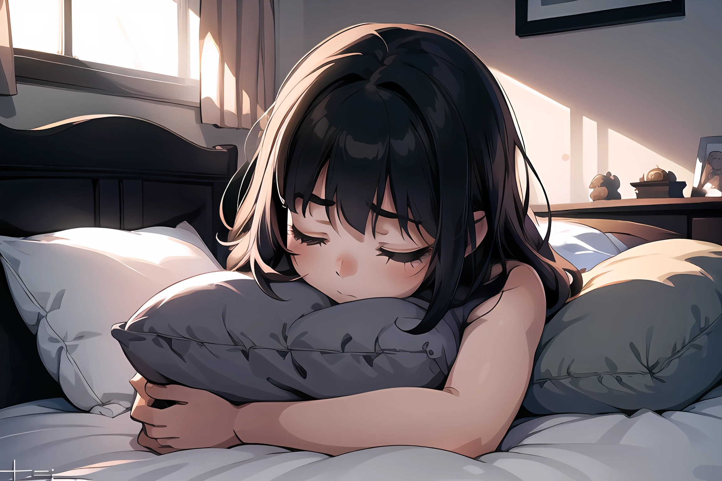 1girl, cute, sleeping, eyes closed, (freckles:0.2), lying on bed, head on pillow, bedroom, detailed background, indoor, hires, (in the dark, deep shadow,low key:1.1), diffused natural skin glow, diffused dark light, wide shot
