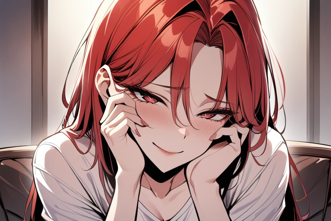 1girl,solo,mature_female,hands_on_own_face,yandere sample,yandere,heart_shaped_pupils,love,milf,smirk,red_hair,hair_intakes,forehead,slender,white_shirt,(masterpiece,best quality,highres:1.3),detailed,manhwa, detailed_face<lora:EMS-289246-EMS:0.600000>, <lora:EMS-310465-EMS:0.800000>