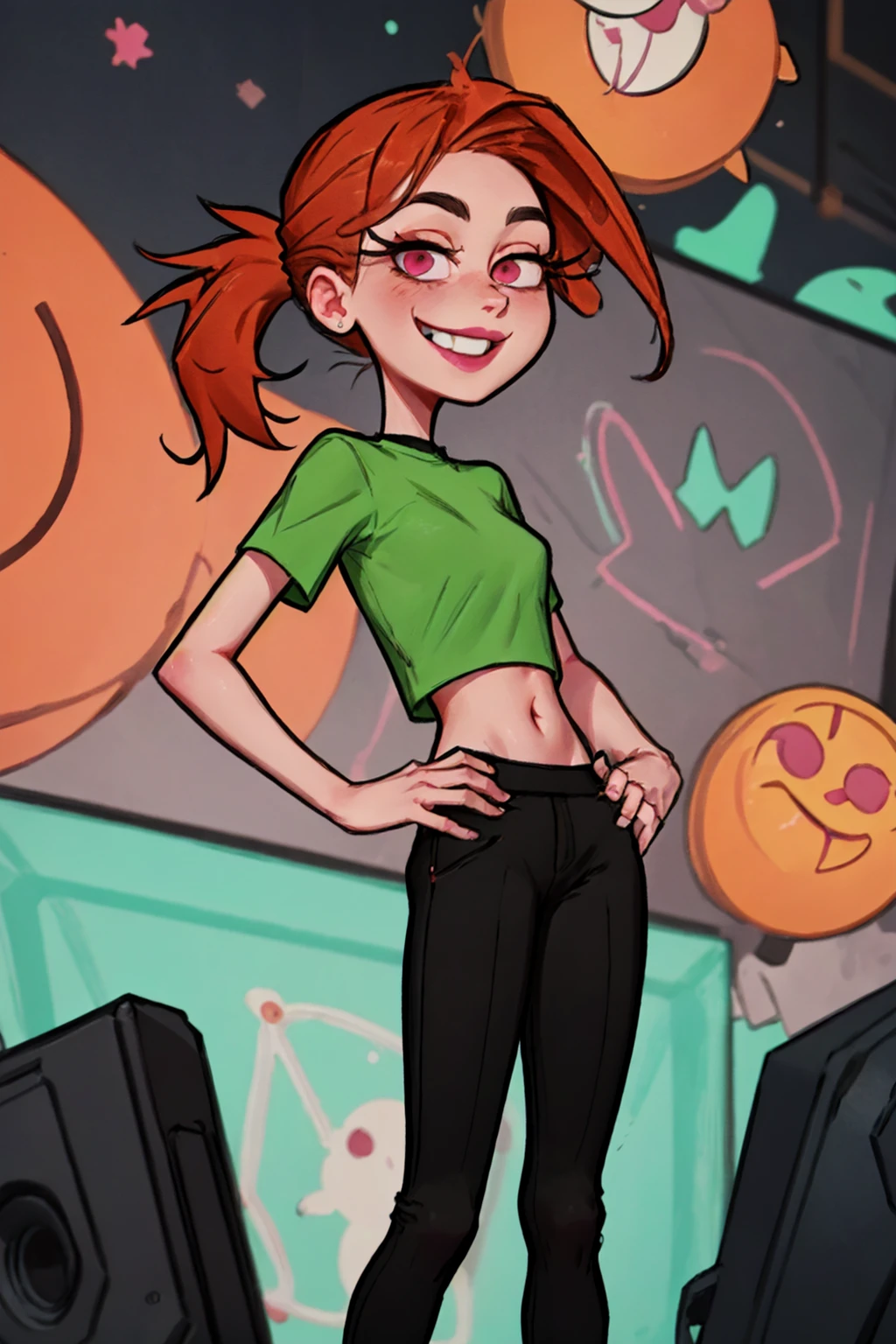 vicky, ponytail,orange hair,  lipstick, solo, 1girl, green crop top, pink eyes, black pants,midriff standing, short sleeves, looking at viewer ,,smile,   <lora:Vicky(1.0):0.5>