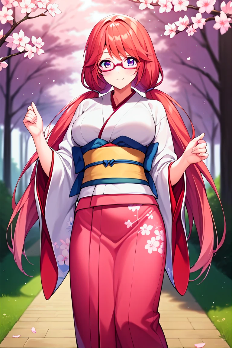 score_9, score_8_up, score_7_up, score_6_up, score_5_up, score_4_up, rating_questionable, , source_anime, digital illustration, pixiv, fanbox, uncensored, , BREAK, official art,
1girl, , female, airi sakura, red hair, long hair, purple eyes, low twintails, glasses, large breasts,
kimono, japanese clothes, japanese background, cherry blossoms,, outdoors,, , light smile, blush, , looking at viewer, cowboy shot, colorful, vivid <lora:Airi_Sakura_Pony-000009:0.8>