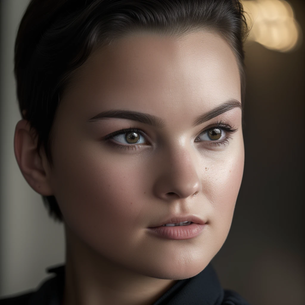 Best_QualityPos, RAW photo, intricate details, best quality, 8k uhd, soft lighting, 1girl, solo, Brianna Hildebrand, buzz cut, black hair, brown eyes, smug <lora:Brianna_Hildebrand:0.5>