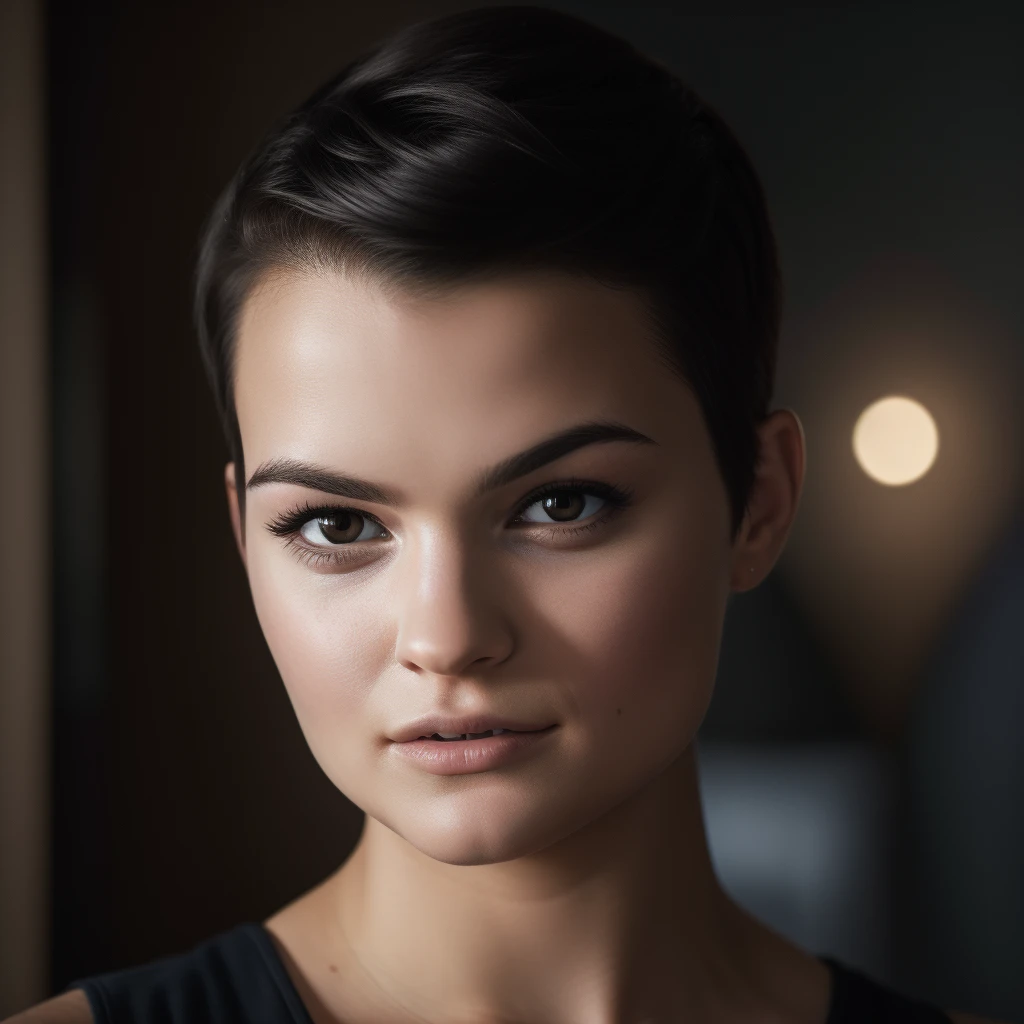 Best_QualityPos, RAW photo, intricate details, best quality, 8k uhd, soft lighting, 1girl, solo, Brianna Hildebrand, buzz cut, black hair, brown eyes, smug <lora:Brianna_Hildebrand:0.5>