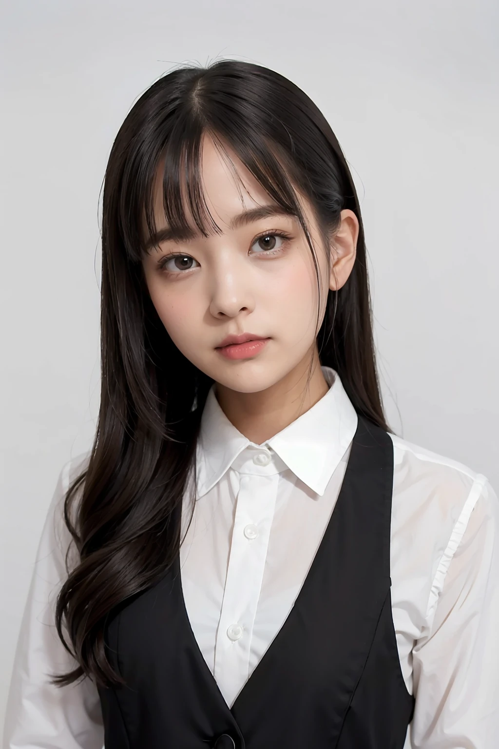 1girl, black  random formal attire, white background, <lora:MikakoAbeJAV-02:1>