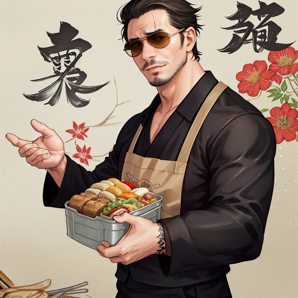 solo male, Tatsu, Japanese, househusband, yakuza, tattoos on body, black hair, slicked back hair, stubble, dark brown eyes, scar on face, casual-formal wear, dark collared shirt, black jacket, long sleeves, black pants, cream-colored apron, (aviator sunglasses), black shoes, toned male, mature, handsome, charming, alluring, smirk, (holding bento, Japanese-style packed lunch), delicious food, upper body, perfect anatomy, perfect proportions, best quality, masterpiece, high_resolution, dutch angle, photo background, modern bright kitchen, pov, sunlight, bright background, (perfect hands, perfect fingers:1.1), (Hands:1.1), better_hands<lora:EMS-3262-EMS:0.900000>, <lora:EMS-310194-EMS:0.600000>