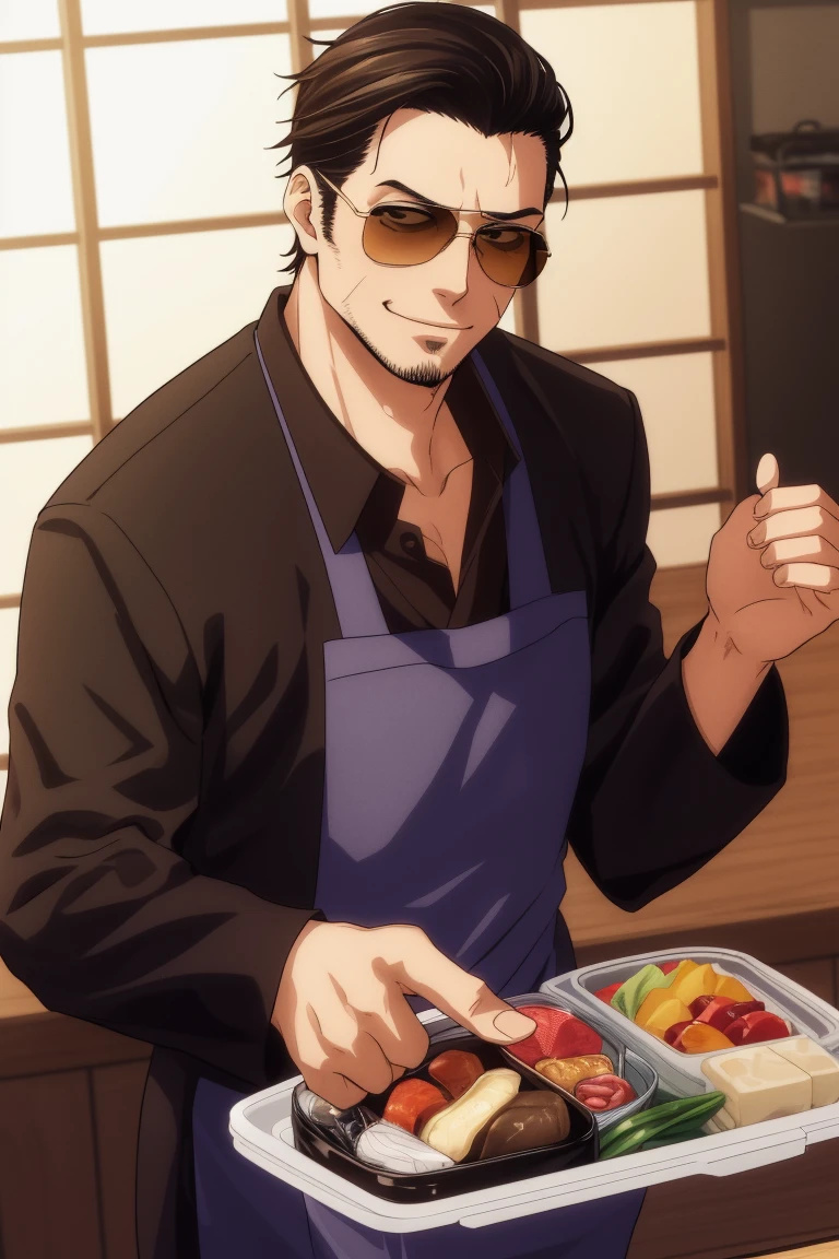 solo male, Tatsu, Japanese, househusband, yakuza, tattoos on body, black hair, slicked back hair, stubble, dark brown eyes, scar on face, casual-formal wear, dark collared shirt, black jacket, long sleeves, black pants, cream-colored apron with Shiba Inu print, (aviator sunglasses), black shoes, toned male, mature, handsome, charming, alluring, smirk, (holding bento, Japanese-style packed lunch), upper body, perfect anatomy, perfect proportions, best quality, masterpiece, high_resolution, dutch angle, photo background, modern bright kitchen, pov, sunlight, bright background, , (perfect hands, perfect fingers)<lora:EMS-310194-EMS:0.600000>, <lora:EMS-3355-EMS:0.400000>