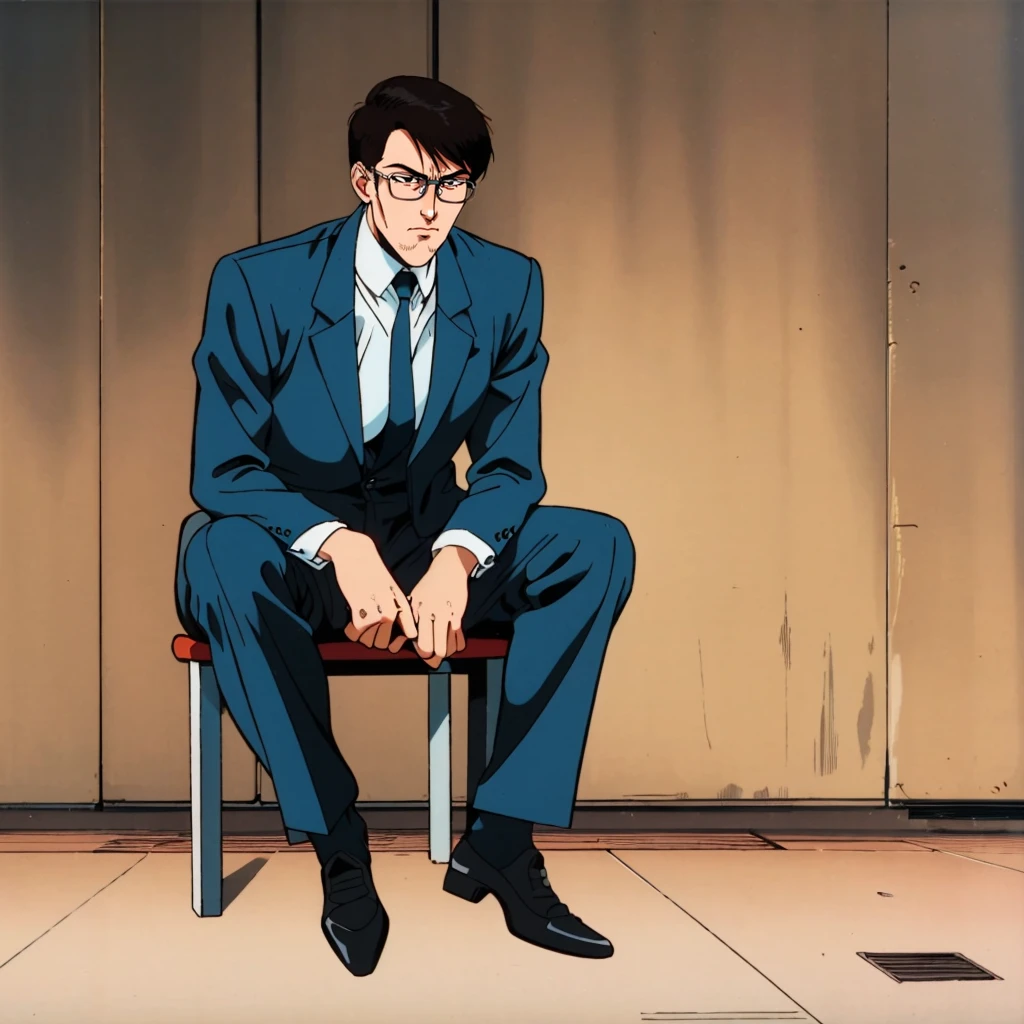 <lora:HirakawaMasumi001:0.7>,
HirakawaMasumi,1man,black hair,short hair,black eye,eyewear,retro artstyle,1980s (style),
business_suit,
full body,sitting,