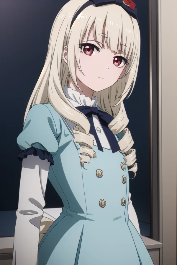 rinkoogasawara, <lora:rinko ogasawara s1-lora-nochekaiser:1>,
rinko ogasawara, long hair, blonde hair, (red eyes:1.3), bow, hair bow, hairband, drill hair, twin drills,
BREAK dress, dress, blue dress, bowtie, gemstone, puffy sleeves, juliet sleeves, long sleeves, frills, pantyhose,
BREAK indoors, office,
BREAK looking at viewer, (cowboy shot:1.5), dynamic pose,
BREAK <lyco:GoodHands-beta2:1>, (masterpiece:1.2), best quality, high resolution, unity 8k wallpaper, (illustration:0.8), (beautiful detailed eyes:1.6), extremely detailed face, perfect lighting, extremely detailed CG, (perfect hands, perfect anatomy),