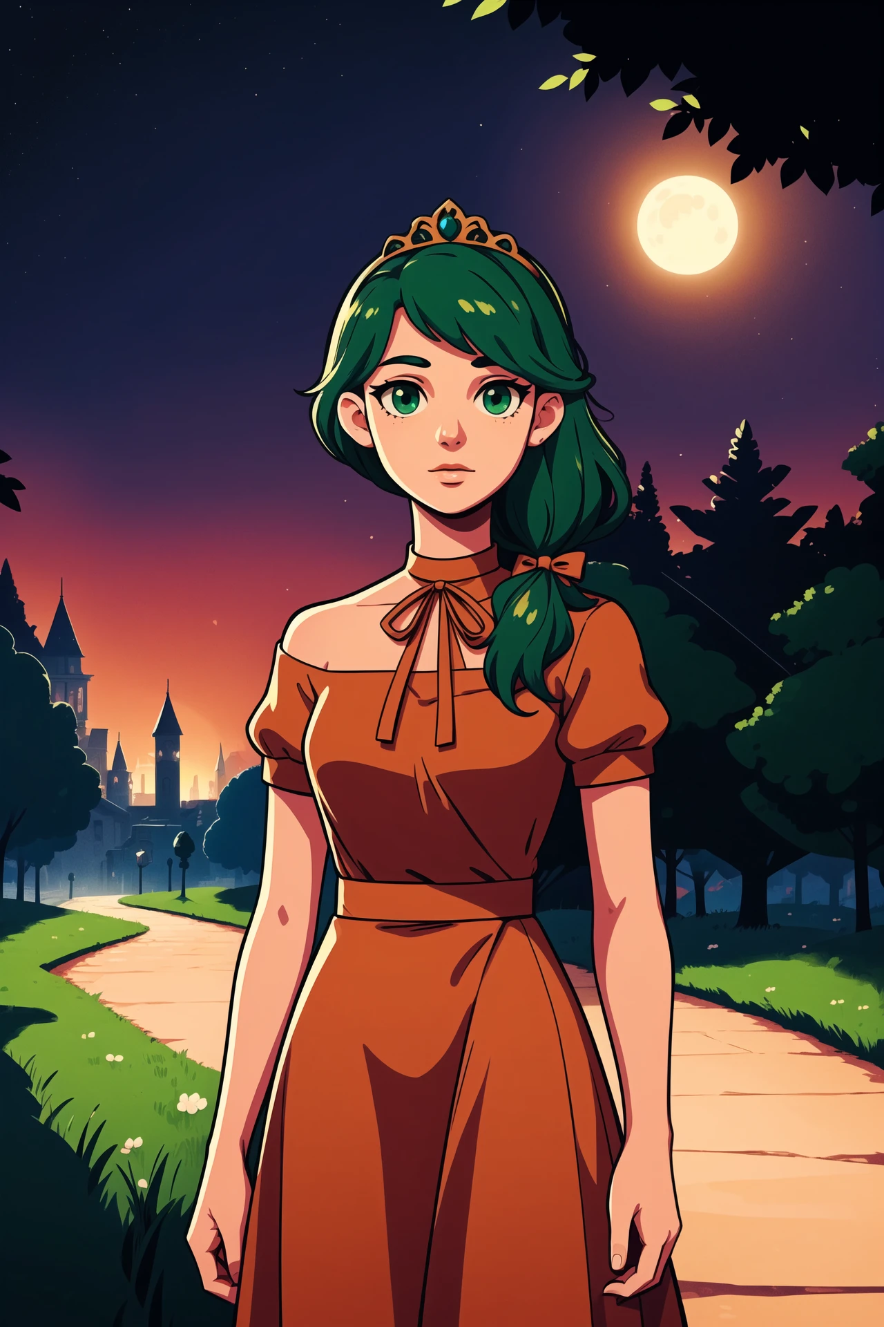 <lora:colorize:0.4><lora:adventure_lite:0.9>,inzaniak
inusen,maria renard, 1girl, solo,cowboy shot, blonde hair,green eyes,long hair, low ponytail,red long dress,short sleeves,bare neck,naked neck, princess, tiara,night,dappled moonlight,outdoors, tree,nature,town, dirt road,green hair ribbon,(best quality, masterpiece)