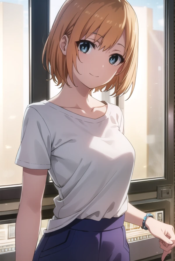 aoimiyamori, <lora:aoi miyamori s1-lora-nochekaiser:1>,
aoi miyamori, short hair, blue eyes, brown hair, smile,
BREAK skirt, shirt, jewelry, white shirt, short sleeves, miniskirt, bracelet, collarbone,
BREAK indoors, office,
BREAK looking at viewer, (cowboy shot:1.5), dynamic pose,
BREAK <lyco:GoodHands-beta2:1>, (masterpiece:1.2), best quality, high resolution, unity 8k wallpaper, (illustration:0.8), (beautiful detailed eyes:1.6), extremely detailed face, perfect lighting, extremely detailed CG, (perfect hands, perfect anatomy),