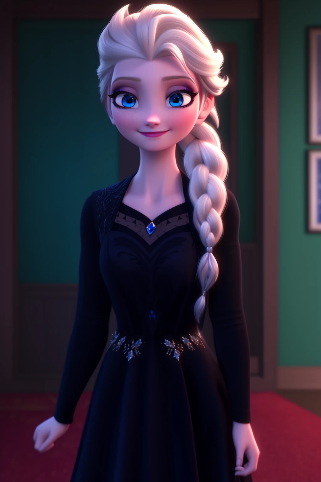 sysdeep_elsa, 1girl, long_hair, looking_at_viewer, smile, blue_eyes, blonde_hair, braid, indoors, eyelashes, single_braid, makeup, black_dress