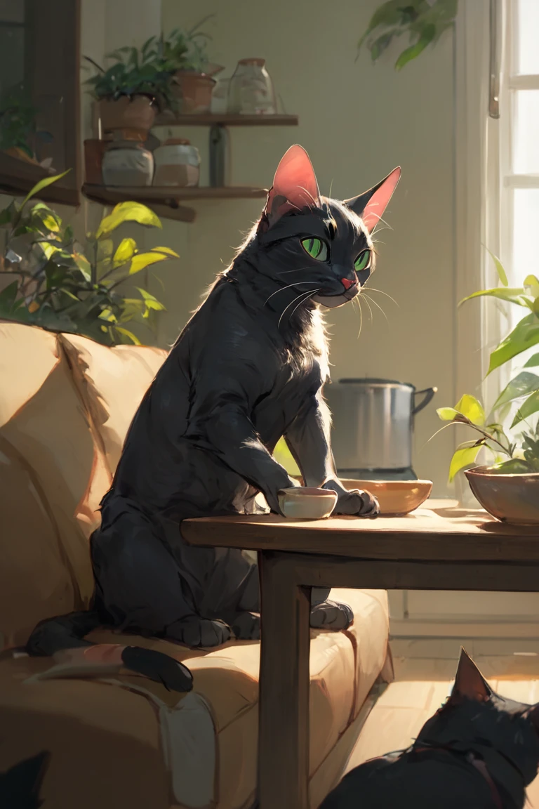 score_9, score_8_up, score_7_up, animal focus, animal, cat, black fur, green eyes, slit pupils, whiskers, table, no hunams, sitting, on couch, couch, indoors, kitchen, night <lora:Counterfeit-V3.0 Style SDXL_LoRA_Pony Diffusion V6 XL:1>