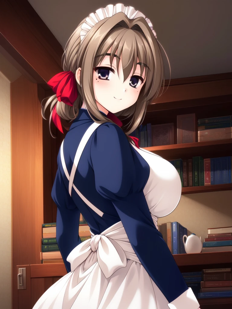 <lora:Shiori:0.8>, Shiori, 1girl, solo, maid, brown hair, book, apron, maid headdress, smile, looking back, mole, lamp, mole under eye, ribbon, long sleeves, hair ribbon, indoors, breasts, blush, hair intakes, looking at viewer,
masterpiece, high quality, very_high_resolution, large_filesize, full color,