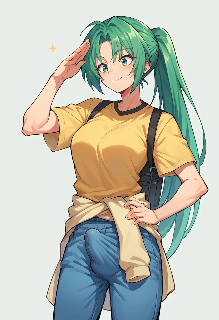 score_9, score_8_up, score_7_up, source_anime , <lora:Erection Under Clothes-000012:1> erection under clothes, <lora:MionPonyN:1> Mion Sonozaki, green eyes, ponytail, green hair, yellow T-shirt,clothes around waist, jeans, salute,