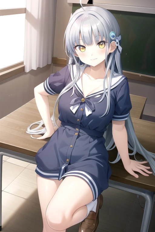 ((masterpiece)),(best quality),official art,extremely detailed CG,unity 8k wallpaper,ultra detailed,beautiful detailed eyes,extremely detailed face,classroom,1girl,solo,cowboy shot,looking at viewer,facing viewer,smile,Kuuko,ahoge,very long hair,grey hair,hair ornament,sidelocks,bangs,yellow eyes,collarbone,white sailor collar,sailor dress,blue dress,short sleeves,large breasts,white socks,loafers,<lora:Kuuko(sin)>,