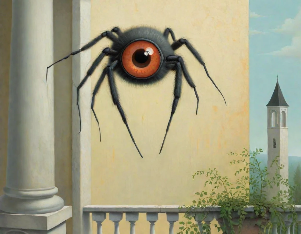 <lora:lowbrow_XL:1>, lowbrow, lowbrow-xl, surrealistic, absurd, bizarre, eerie, fanciful, fantastic and ludicrous, long shot, large spider with a cute cat head, orange cat eyes, on a gothic porch