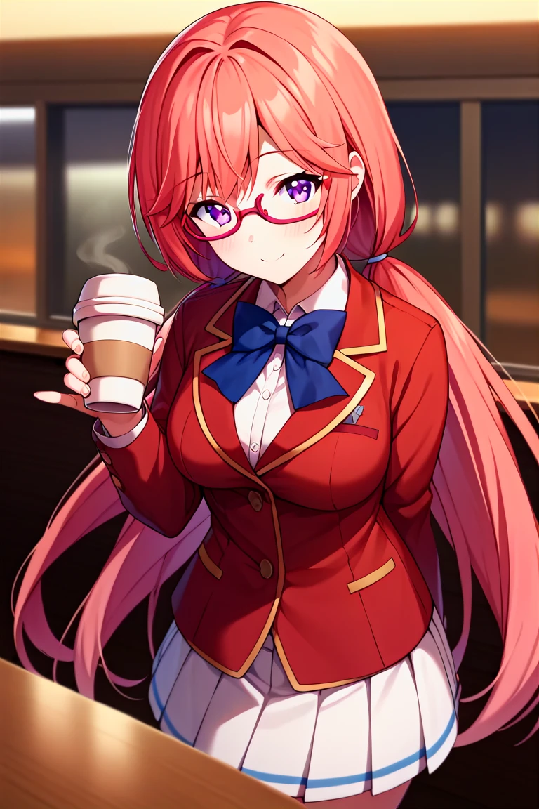 score_9, score_8_up, score_7_up, score_6_up, score_5_up, score_4_up, rating_questionable, , source_anime, digital illustration, pixiv, fanbox, uncensored, , BREAK, official art,
1girl, , female, airi sakura, red hair, long hair, purple eyes, low twintails, glasses,
school uniform, red jacket, blue bow, white skirt, cafe, coffee, drinking coffe, , light smile, blush, , looking at viewer, cowboy shot, colorful, vivid <lora:Airi_Sakura_Pony-000009:0.8>