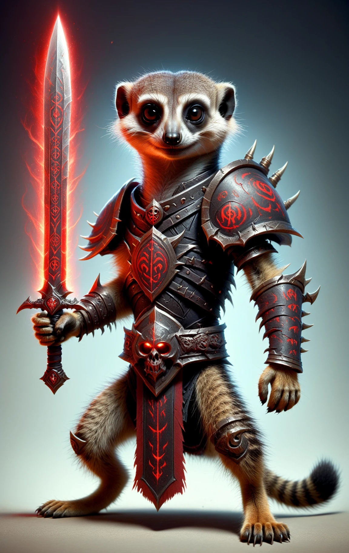 meerkat, death knight, DonMD34thKn1gh7XL wielding runeblade, red glowing runes, two handed sword, dual wielding <lora:DonMD34thKn1gh7XL-v1.1-000010:0.8>