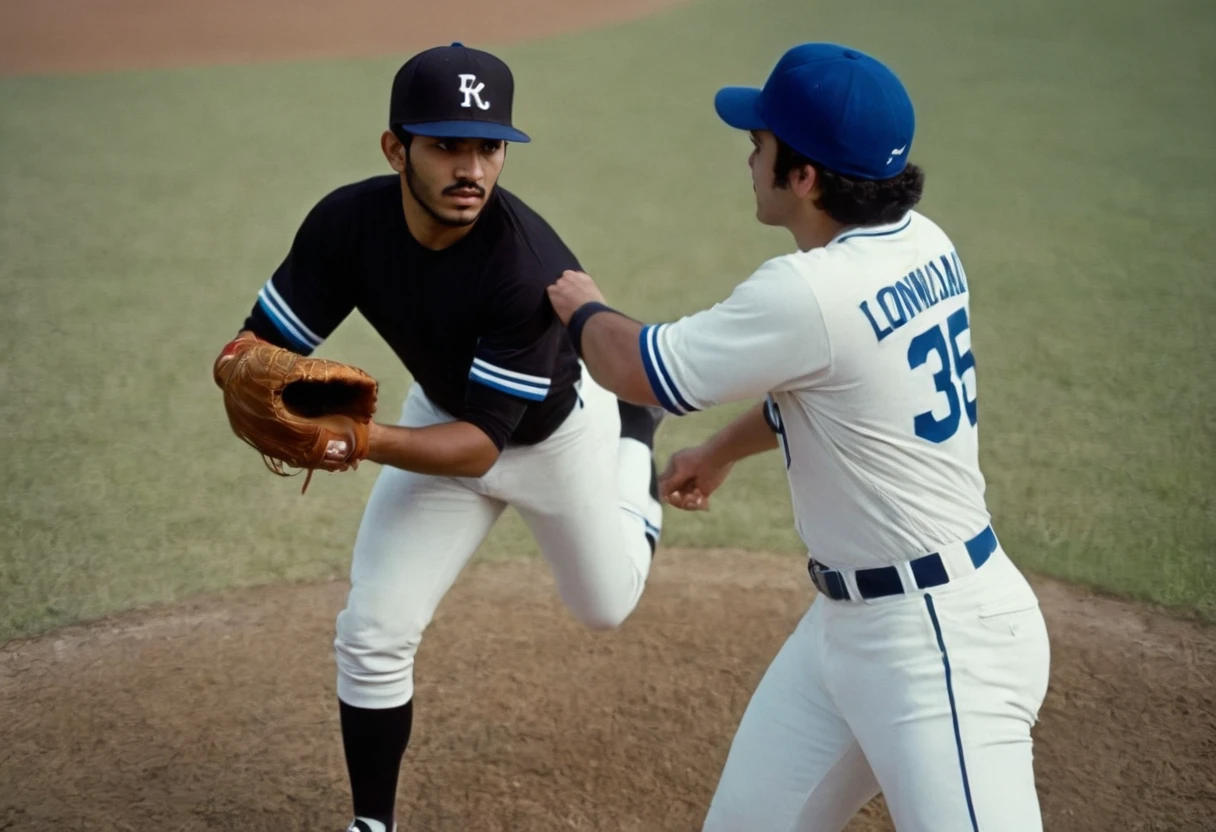 photograph cinematic dynamic photo, 
1boy, male focus, sportswear, baseball cap, hat, baseball uniform, white pants, standing on one leg, baseball mitt, blurry background, blue headwear, full body, belt, leg up, shoes, photo background, outdoors, short hair, layered sleeves, ass, white shirt, black hair, black eyes, short over long sleeves, facial hair, closed mouth, socks,
dynamic blurry, blurry background 
 <lora:dynposes3870:1>, 50mm . cinematic 4k epic detailed 4k epic detailed photograph shot on kodak detailed cinematic hbo dark moody, 35mm photo, grainy, vignette, vintage, Kodachrome, Lomography, stained, highly detailed, found footage