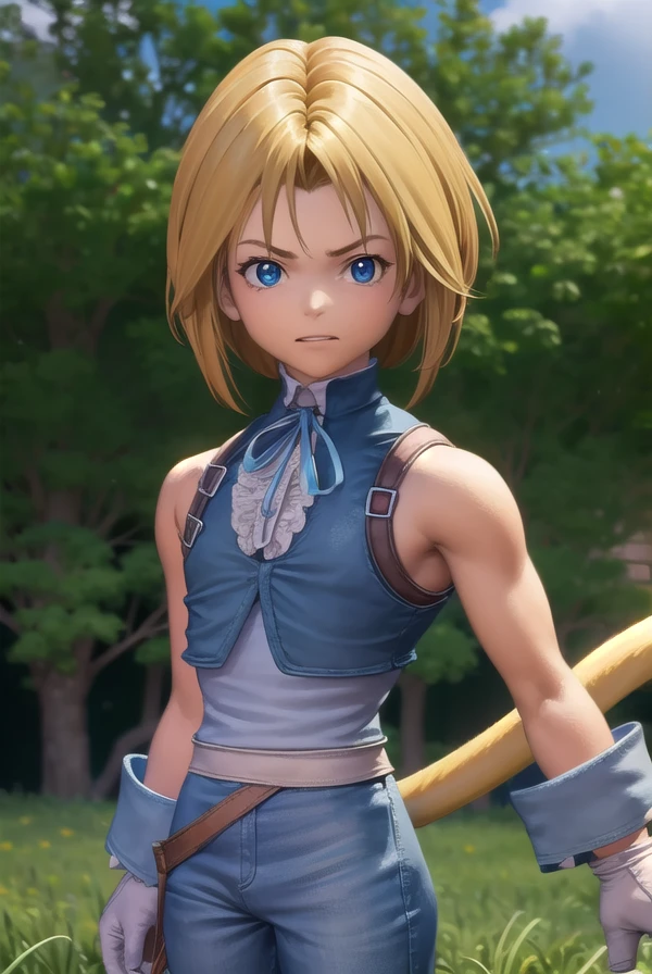 zidanetribal, <lora:zidane tribal-lora-nochekaiser:1>,
zidane tribal, short hair, blue eyes, blonde hair, brown hair, male focus, (parted bangs:1.5),
BREAK shirt, gloves, bare shoulders, tail, white shirt, boots, sleeveless, belt, pants, vest, sleeveless shirt, blue pants, grey gloves, monkey tail,
BREAK outdoors, castle,
BREAK looking at viewer, (cowboy shot:1.5), dynamic pose,
BREAK <lyco:GoodHands-beta2:1>, (masterpiece:1.2), best quality, high resolution, unity 8k wallpaper, (illustration:0.8), (beautiful detailed eyes:1.6), extremely detailed face, perfect lighting, extremely detailed CG, (perfect hands, perfect anatomy),