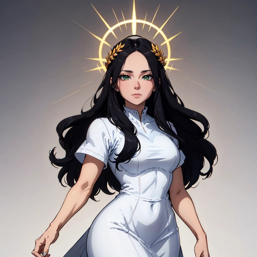 high quality, 1girl, solo, god empress,   long hair, black hair,  brown eyes, laurel crown, parted bangs, forehead, halo, <lora:God_Emperess_Of_Mankind_Leaf1:0.6>,  cowboy shot,  white dress,  god rays, gradient background,