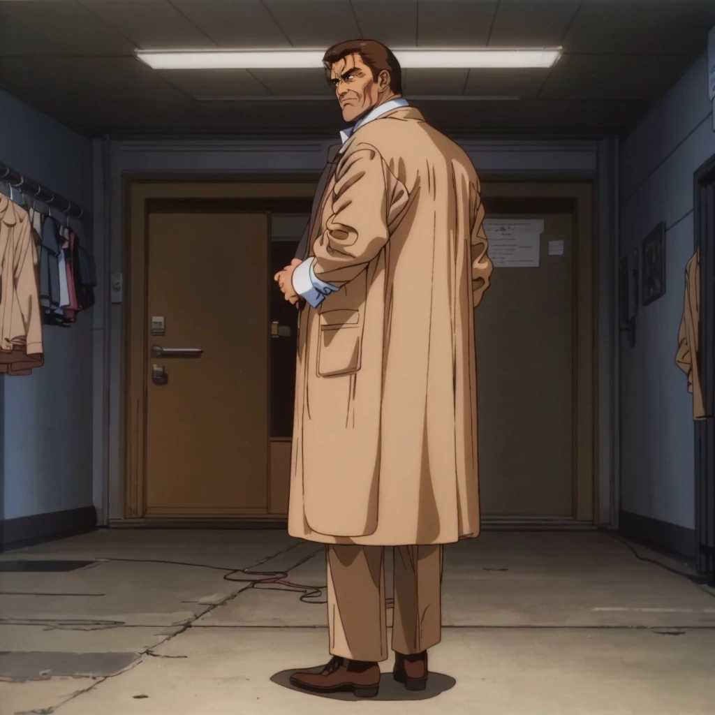 <lora:TakiKaisho001:0.7>,
retro artstyle,1980s (style),
TakiKaisho,1old man,brown hair,short hair,black eye,
suit,collared_shirt,necktie,trench_coat,
full body,looking back,