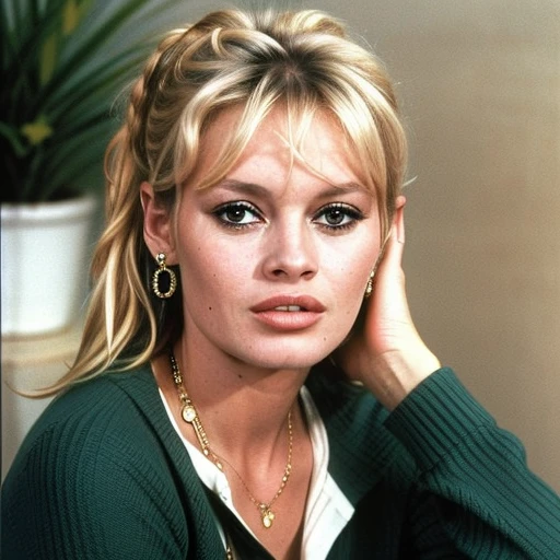 a photo of Bardot1_512-2400, a woman wearing a green knit sweater, a woman wearing a gold necklace and earrings,