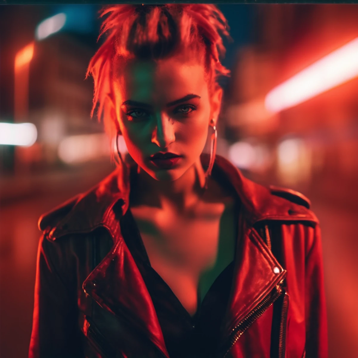 velumia close up punk girl portrait in the city, cinematic, professional photo, very detailed red light <lora:velumia:1>