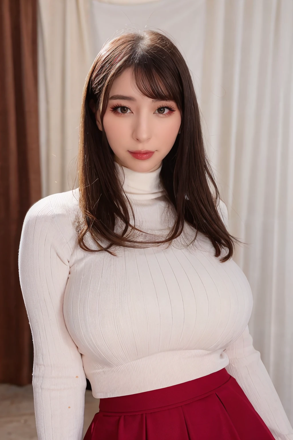 1girl, monamitakarada_v2_jav, large breasts, black eyeshadow, bangs, brown hair, long hair, brown eyes, heavy makeup, red lipstick, <lora:JAV_monami_takarada_v2-000006:1>,
"white turtleneck", red skirt,
dynamite lighting, 
(ulzzang-6500:0.0), (ultimate quality, masterpiece, highres:1.0), (photorealistic, realistic:1.9),