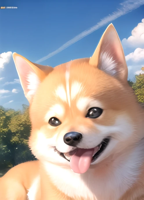 (masterpiece, best quality, highres, absurdres, official wallpaper, official art:1.4),
solo, animal focus, looking at viewer, blush, open mouth, tongue out, smile, portrait, 
shiba inu, 
park, outdoors, blue sky, sunlight,