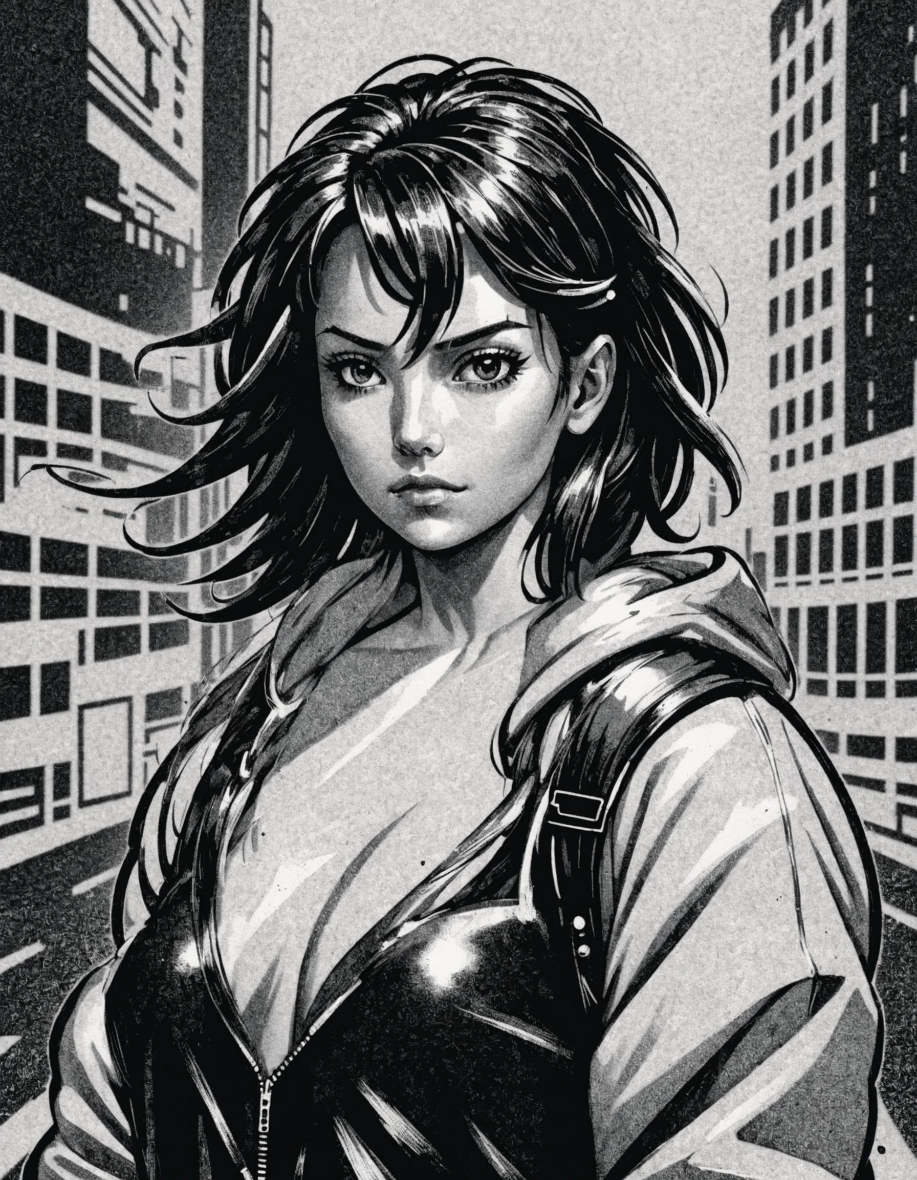 Halftone Color Process, CMYK halftone, a woman in a black and white photo with a city background and a black and white background with a black and white photo of a woman in a black and white photo, Artgerm, anime style, cyberpunk art, neogeo, flat color, comic style, a comic book panel, pixel art, mosaic pattern, halftone pattern, risograph technique, pop art , <lora:H4LFT0N3_XL:0.8>