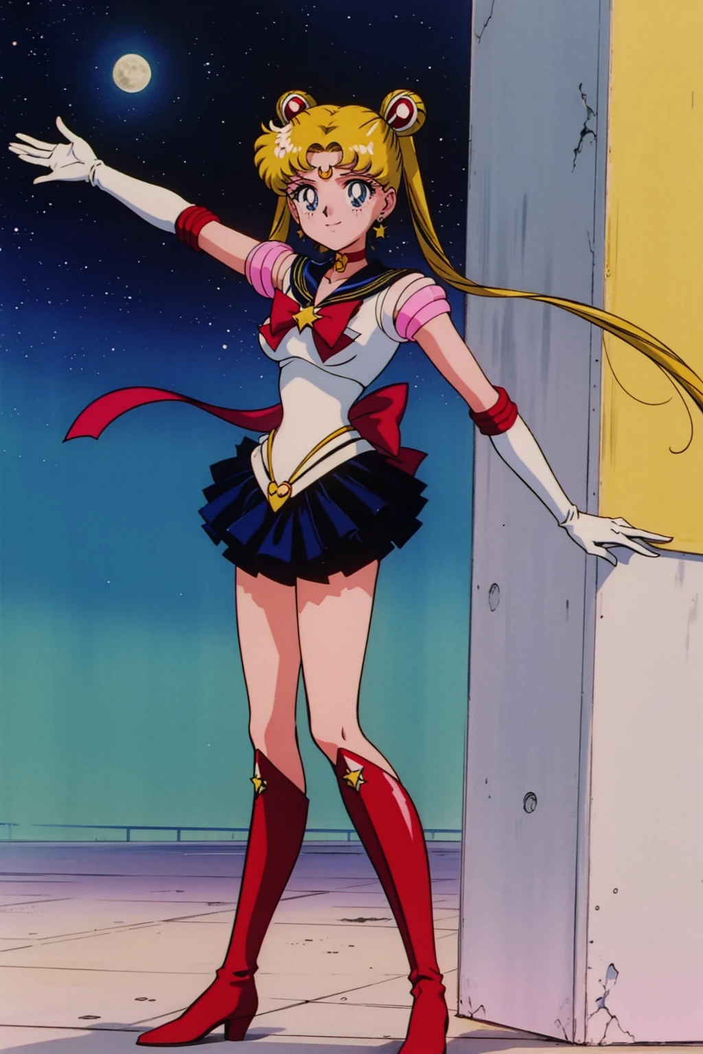 1girl, solo, looking at viewer, <lora:EPsmSailorMoon-06:0.8>, EPsmSailorMoon, blonde hair, blue eyes, long hair, very long hair, parted bangs, twintails, hair bun, double bun, miniskirt, choker, bow, crescent earrings, starry sky, knee boots, red choker, white gloves, moon, red bow, sky, magical girl, elbow gloves, star (symbol), closed mouth, earrings, full body, back bow, jewelry, boots, star (sky), sailor senshi uniform, crescent, crescent moon, blue sailor collar, smile, gloves, sailor collar, blue skirt, red footwear, skirt, pleated skirt <lora:EPTakeuchiNaokoStyle-03:1> EPTakeuchiNaokoStyle, 1990s \(style\), anime screencap, retro artstyle, anime coloring, traditional media